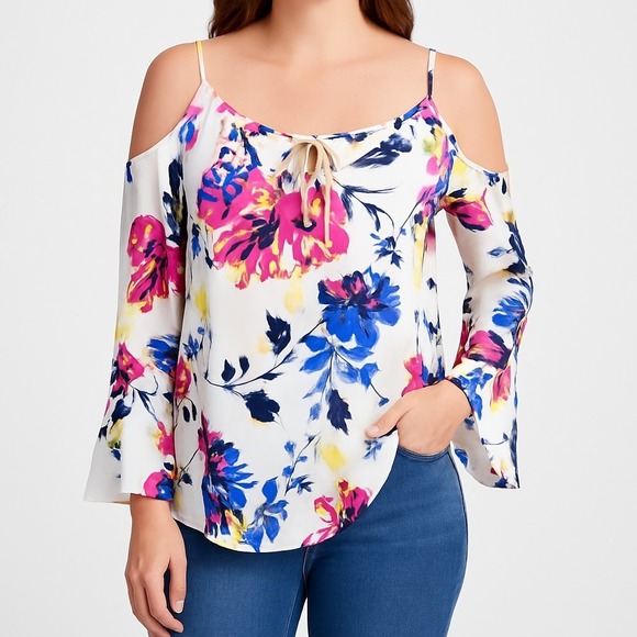 INC Cold Shoulder Floral Blouse 10 Boho Ruffle Sleeve Summer Festival Top Chic - Picture 1 of 14